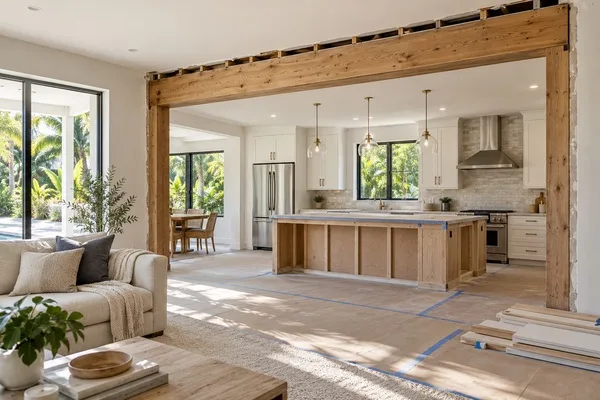 Open-concept kitchen renovation with an exposed wood beam, unfinished island, and protected floors.