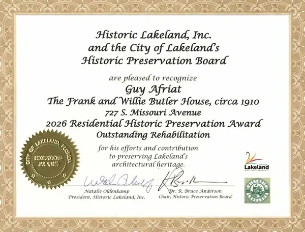City of Lakeland Historic Preservation Award certificate for the Butler House restoration by Guy A Remodeling