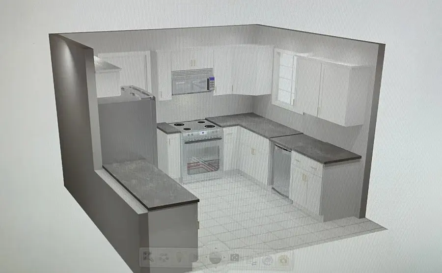 3D rendering of a planned kitchen layout with cabinets, stove, and counters by Guy A Remodeling