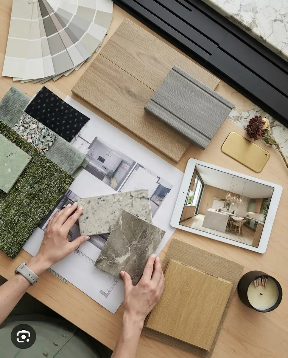 Material and finish samples laid out for a Central Florida kitchen remodel design by Guy A Remodeling