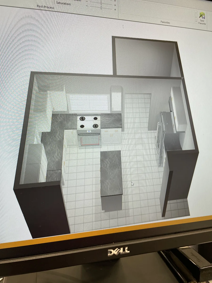 Three dimensional floor plan render of the Lakeland ranch kitchen rebuild