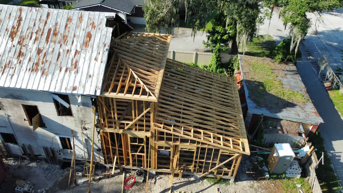 Aerial view of roofing and framing during the Lakeland full home rebuild